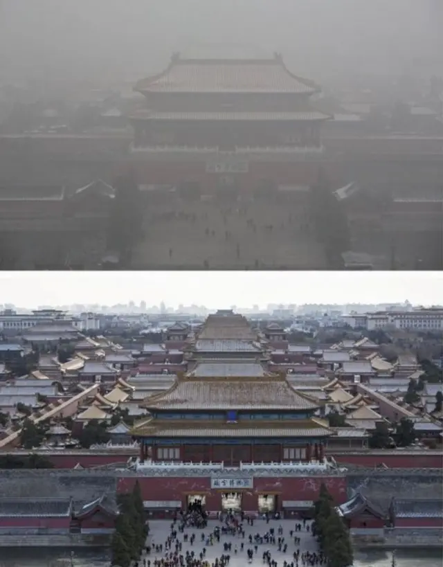 Kota Terlarang, dalam keadaan normal dan dalam selimut polusi udara berat.