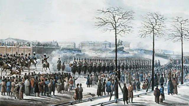 Репродукция акварели К.Гольмана "Восстание на Сенатской площади в Петербурге" (1830 г.)