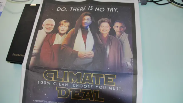 有西方媒体在巴黎协议达成前刊登广告,用电影《星球大战》中维持和平和正义的杰迪武士形象描绘领导巴黎协议的大国领袖,呼吁他们达成一致拯救世界。