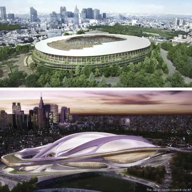 上圖為新選定的體育館設計,下圖為英國建築師扎哈·哈迪德的原設計方案