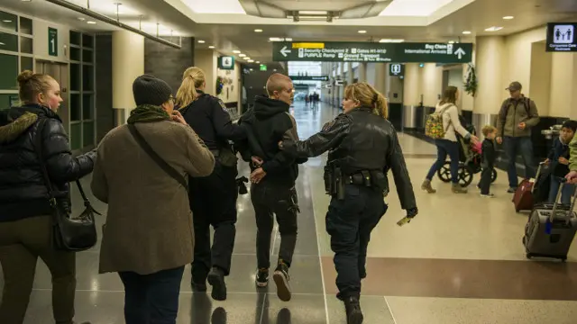 Seorang aktivis dari Black Lives Matter ditahan saat berdemo di Bandara Internasional Minneapolis-St. Paul.