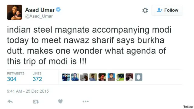 پی ٹی آئی کے رہنما اسد عمر کا برکھا دت کی ٹویٹ پر تبصرہ