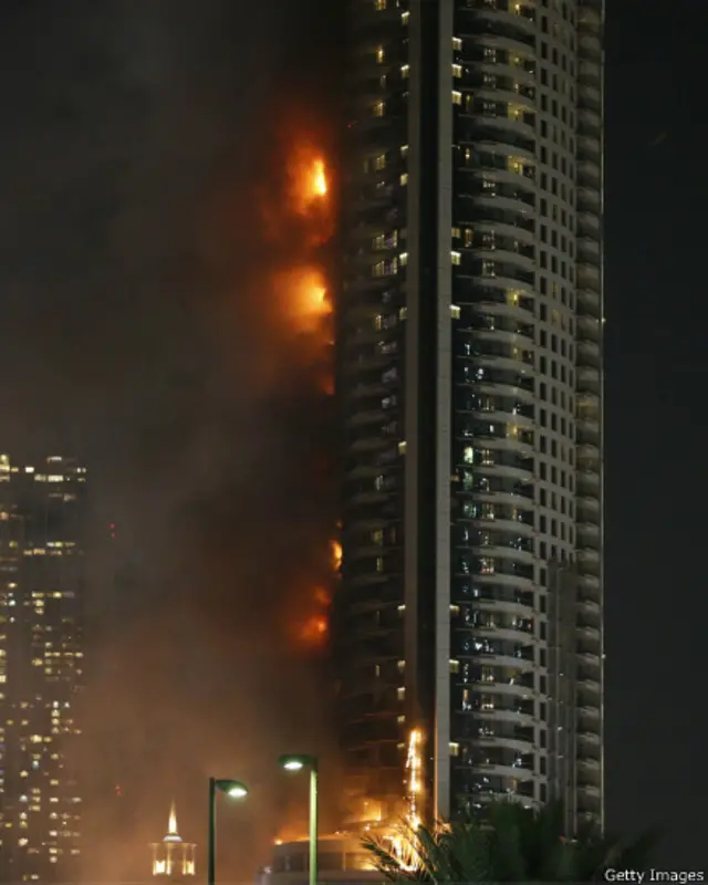 300 میٹر بلند عمارت میں لگنی والی اس آگ نے دیکھتے ہی دیکھتے پورے ہوٹل کو اپنی لپیٹ میں لے لیا ہے اور کئی سو فٹ بلند ’دی ایڈریس ہوٹل‘ سے ملبہ گرتے ہوئے دیکھا جا سکتا ہے
