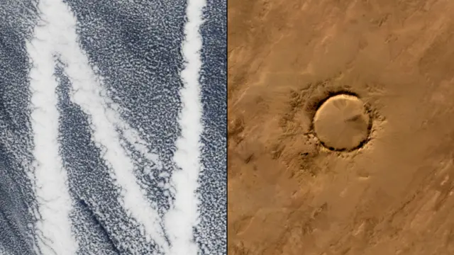 Кильватерный след судов идущих через Тихий океан и метеоритный кратер Тенумер в Мавритании. NASA