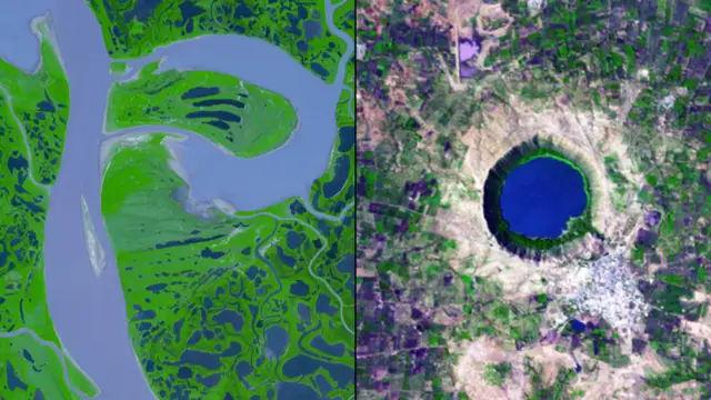 Дельта реки Маккензи в Канаде и кратерное озеро Лонар в Индии. NASA