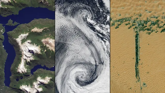Лаго Менендес в Аргентине, облака над Атлантическим океаном, застройки по обеим сторонам дороги в Объединенных Арабских Эмиратах. NASA