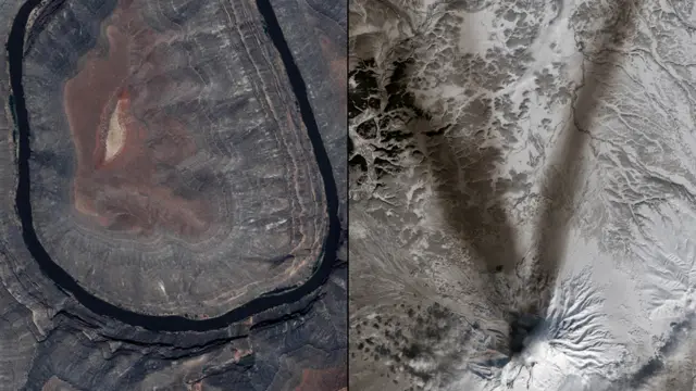 Национальный парк Gooseneck в штате Юта, вулкан Шивелуч на Камчатке в России. NASA