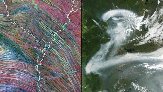 Река Угаб в Намибии. Дым лесных пожаров над Канадой. NASA