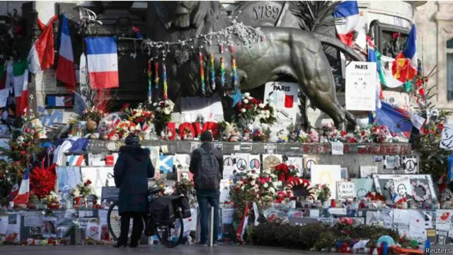 《查理周刊》遇袭一周年周四的纪念日到来之前巴黎人纷纷巴黎市中心的共和国广场献花纪念