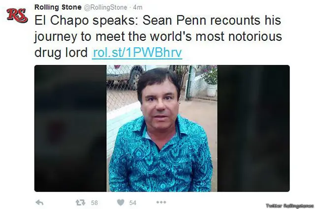 Joaquín Guzmán Loera, El Chapo, en el Twitter de la revista Rolling Stone
