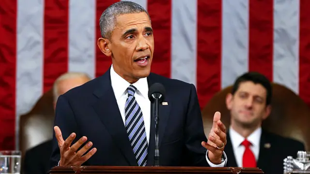 स्टेट ऑफ़ यूनियन भाषण देते बराक ओबामा