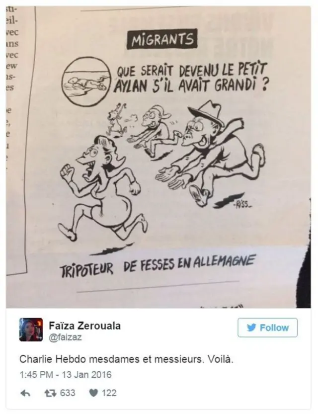 Tweet'te, "Bayanlar, baylar, Charlie Hebdo. İşte" deniyor.