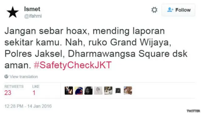 Akun yang pertama kali mengajak pengguna media sosial untuk menggunakan #SafetyCheckJKT.