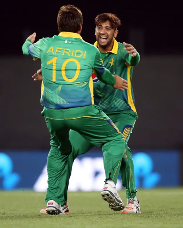 عماد وسیم اینڈرسن کی وکٹ لینے کے بعد شاہد آفریدی کے ساتھ خوشی مناتے ہوئے۔