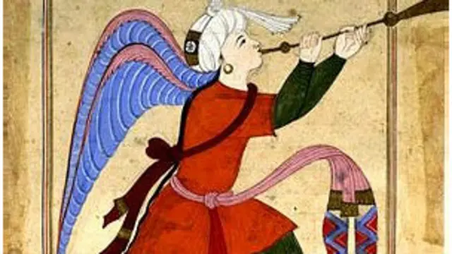 با بوق اوّل این فرشته که اسمش اسرافیل است، همۀ زنده ها، با عمرهای ناتمام، می میرند و خاک می شوند و با بوق دومّش، برای پس دادن حساب به خدا، با بقیۀ مرده های گذشته، از خاک می آیند بیرون. (با تشکّر از سایت vista.ir)