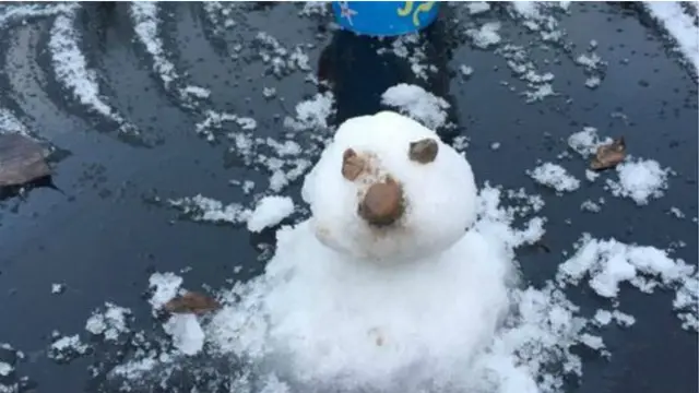 कैटरीन ग्रोबलर ने यह तस्वीर ट्वीट करते हुए लिखा, "लंदन में तो ज़्यादा बर्फ़ नहीं पड़ी, पर हमने एक छोटा सा स्नोमैन बना ही लिया."