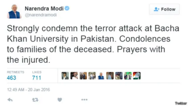 بھارتی وزیرِ اعظم نریندر مودی نے ٹوئٹر پر حملے کی مذمت کا بیان جاری کیا