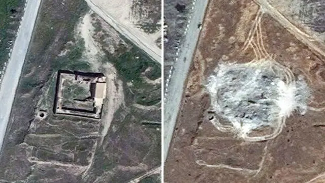 صور للأقمار الصناعية تظهر موقع الدير قبل وبعد وتدميره