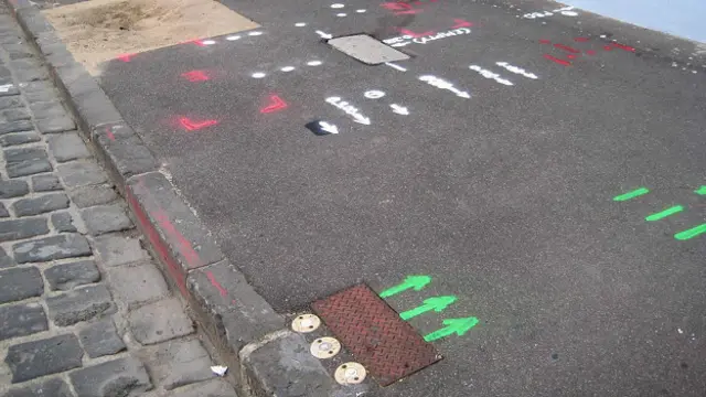 Согласно знаковой системе, принятой в строительной отрасли, красный означает электричество; синий - воду; зеленый - видеокамеры или кабельные сети; белый - телекоммуникационные сети