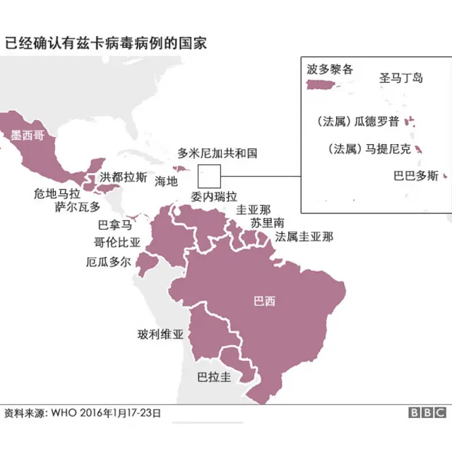 已確認有寨卡病毒感染病例的國家示意地圖