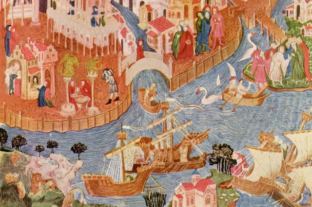 Marco Polo zarpando de Venecia. A su regreso traería algo que despertaría amor en Europa.