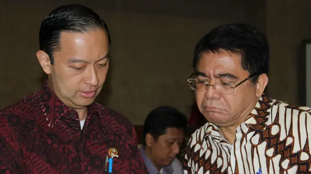 Thomas Lembong dan Franky Sibarani jelang rapat di komisi VI DPR.