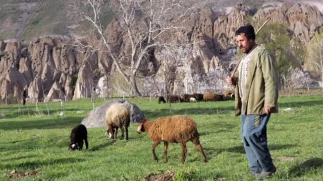 一個牧羊人站在山崗上,俯瞰伊朗的穴居村——坎多萬。(圖片來源:Behrouz Mehri/AFP/Getty)