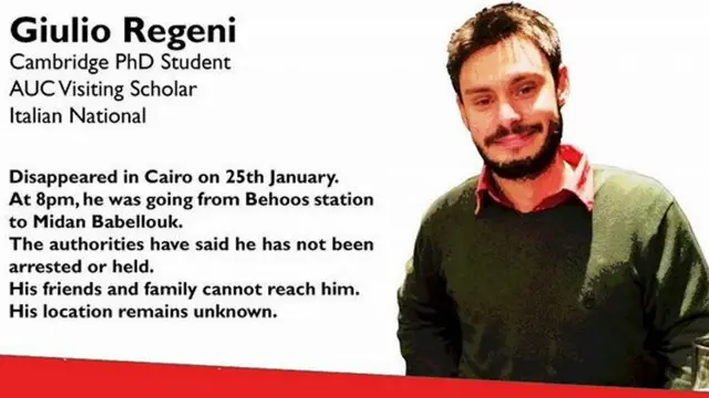 كان ريجيني في زيارة للقاهرة لجمع معلومات لبحث للدكتوراه في جامعة كيمبريدج البريطانية.