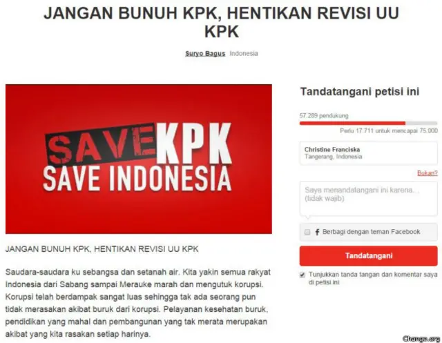 Petisi meminta ketua DPR untuk menghentikan pembahasan revisi UU KPK dan meminta Presiden Jokowi untuk menolak usulan revisi itu. 