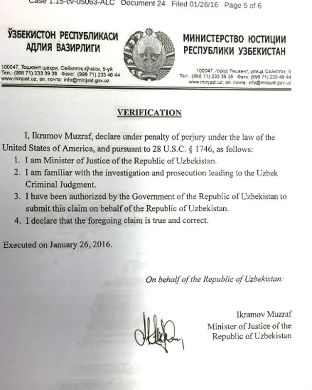 Ўзбекистон адлия вазирининг хатига кўра, музлатилган пулларни олиш учун у ҳукумат томонидан ваколат берилган шахс 