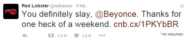 El tuit de la cadena Red Lobster agradeciendo a Beyoncé