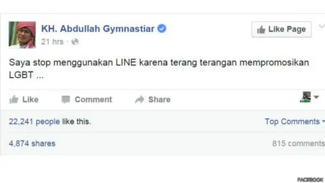Unggahan Aa Gym di Facebook, platform media sosial yang juga dianggap mendukung LGBT.