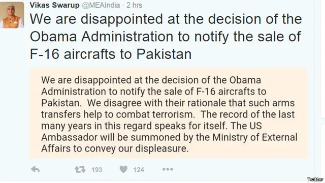 ٹوئٹر پر بھارتی وزارت خارجہ کے ترجمان کا بیان