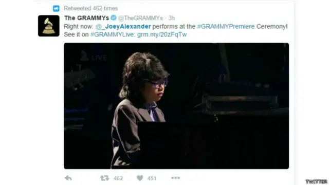 Selain dalam Grammy Awards Premiere Ceremony, Joey Alexander dijadwalkan tampil pada panggung utama penghargaan Grammy yang disiarkan langsung televisi.