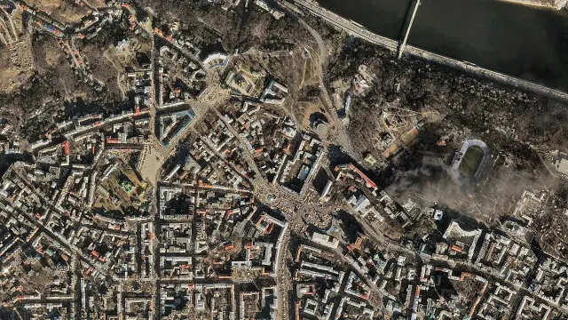 Фотографія, знята 18 лютого 2014 року. На ньому видно дим від сутичок між силовиками та протестувальниками