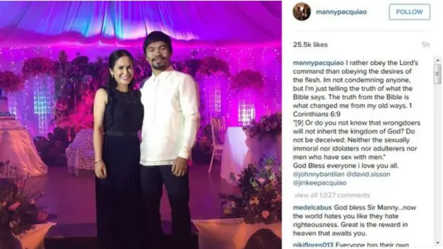 Tulisan Pacquiao mengenai gay pada laman Facebook.