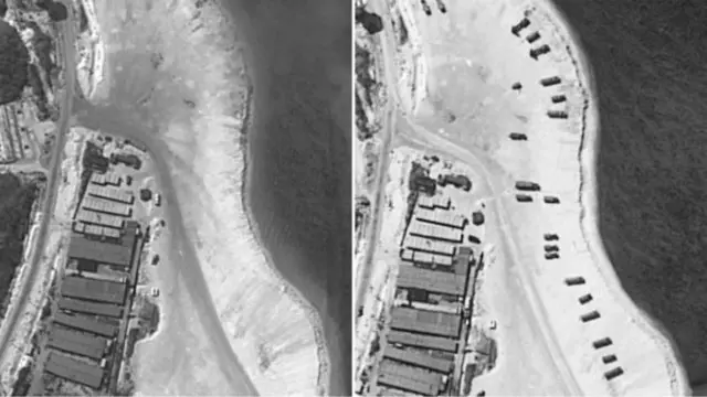 ဝူဒီကျွန်း ဂြိုဟ်တု ဓာတ်ပုံ နှိုင်းယှဉ်ချက်၊ ဖေဖော်ဝါရီ ၃ ရက် (ဝဲ) နဲ့ ဖေဖော်ဝါရီ ၁၄ ရက် (ယာ)