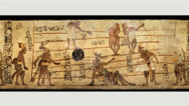 Desenho mostra atletas jogando bola; curvas e riscos são usados para denotar movimento