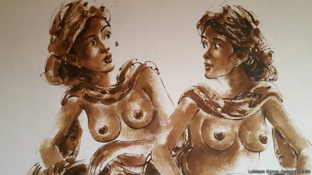 Sebuah lukisan karya Asmara Made menunjukan kultur perempuan Bali yang pada zaman dahulu tidak menggunakan penutup dada.