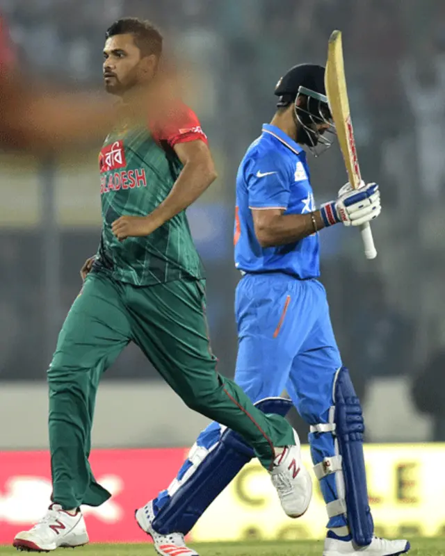 پانچویں اوور میں بنگلہ دیش نے کوہلی کو آٹھ رنز پر آؤٹ کیا۔ ان کی وکٹ مشرفی مرتضیٰ نے لی۔