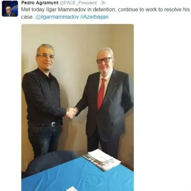 Pedro Agramunt İlqar Məmmədovla görüşü barədə Twitter hesabında paylaşıb