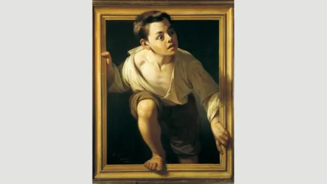 Pere Borrell del Caso, 1874'te yaptığı 'Eleştiriden Kaçış' adlı tabloda, gerçek ile kurmaca alan arasındaki sınırı bulanıklaştırmak için göz aldatmacasına başvurmuş.