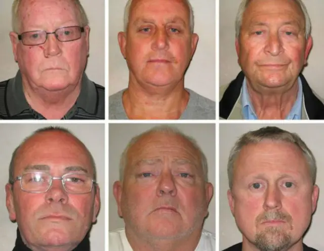 Засуджені грабіжники. Верхній ряд: Джон Коллінз (ліворуч), Денні Джоунз, Террі Перкінс. Нижній ряд: Карл Вуд (ліворуч), Вільям Лінкольн, Х'ю Дойл