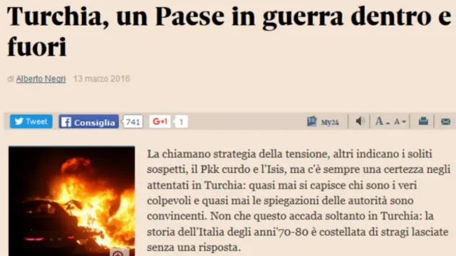Il Sole 24 Ore yazarı Negri, Türkiye'yi içeride ve dışarıda savaş halinde bir ülke olarak yorumlamış başlığında. 