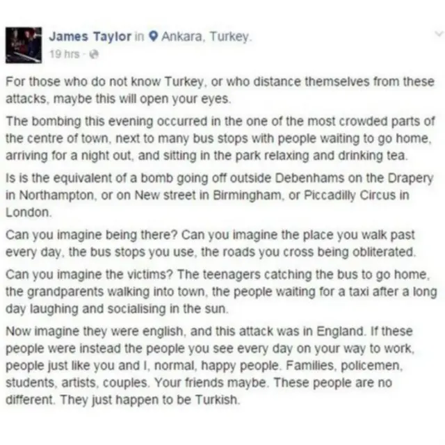 ایک فیس بک صارف نے اپنے پیغام میں ترکی کے ساتھ عالم گیر سطح پر یکجہتی کے اظہار کا مطالبہ کیا