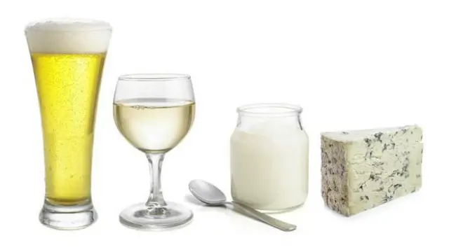 El yogur y el queso son los productos de la fermentación bacteriana, mientras que la cerveza y el vino son productos de fermentación de la levadura.