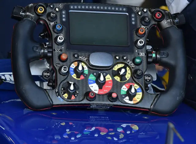 Tombol-tombol pada kemudi kendaraan F1.