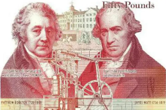 50-фунтовая банкнота с изображением изобретатель паровой машины Джеймса Уатта (справа) и его делового партнера Мэтью Болтона