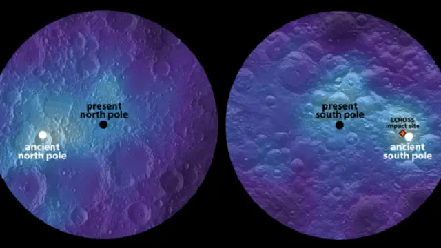 البقع الثلجية تقع مقابلة لبعضها قرب قطبي القمر