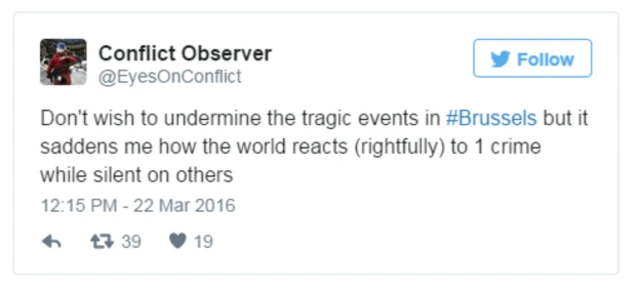 Brüsseldəki hadisəyə haqsızlıq etmək istəmirəm, amma dünyada bir hadisəyə münasibət bildirərək, digərinə səssiz qalmaq məni üzür", istifadəçilərin biri paylaşıb